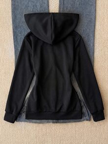 青少年女孩休閒運動風灰色小馬刺繡裝飾連帽開襟運動衫 - 黑色 - 查看 2