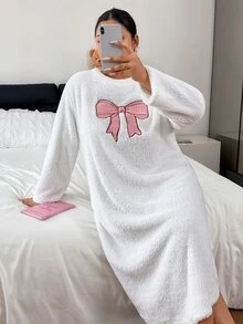 Napfluff CURVE Napfluff CURVE Bow Embroidered Soft Plush Plus Size Nightgown - White - View 6