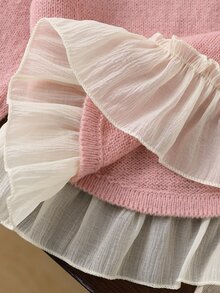 SHEIN 女童返校季秋冬米色甜美毛衣，絲綢蕾絲下擺，優雅精緻風，柔軟紗線，舒適百搭，適合日常休閒穿著，適用於家庭聚會、萬聖節、新年、感恩節、聖誕節 - 淺粉色 - 查看 7
