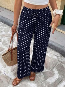 SHEIN Frenchy Women's Casual Vacation Polka Dot Print Straight Leg Pants - Navy Blue - View 4