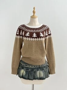 Elamini Sweater Wanita Kerah Bulat Jacquard Motif Pohon Natal Fair Isle Bergaya Vintage - MultiWarna - View 4