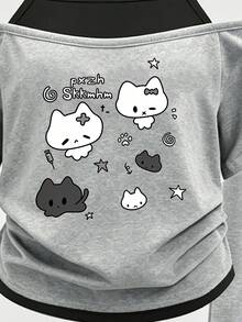 青少年女孩時尚清新可愛兔子蝴蝶結懶貓動物圖案字母標語印花 2合1露肩細肩帶短袖T恤與直筒長褲套裝 - 彩色 - 查看 3