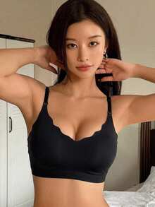 DAZY Solid Color Seamless Wavy Edge Spaghetti Strap Adjustable Slight Push-Up Padded Bra Women's Lingerie - Black - View 4