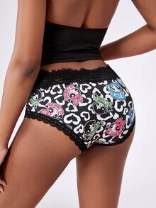THE POWERPUFF GIRLS X SHEIN Sexiga vardagstrosor i triangelmodell med spets och patchwork för kvinnor - Svart och Vitt - Visa 2