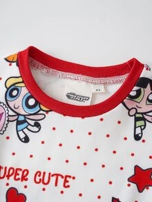 THE POWERPUFF GIRLS X SHEIN 女童字母卡通印花短袖上衣與長褲休閒居家睡衣套裝 - 彩色 - 查看 3