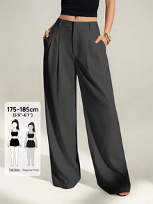 SHEIN Tall 「Old Money 風格」性感商務休閒高腰百褶寬腿長褲，優雅純色寬鬆修身女款上班通勤工作褲 - 深灰色 - 查看 8