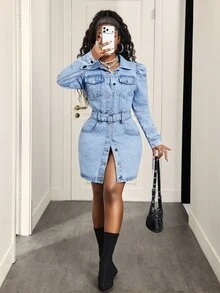 Slaydiva Gaun Denim Wanita Gaya Kasual Jalanan - Biru - View 6