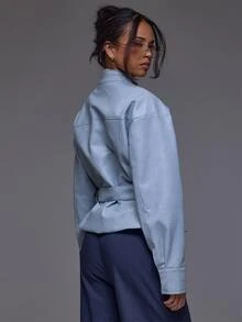 MUSERA Chaqueta de cuero PU con cuello de embudo, mangas de barril y cintura con lazo, para invierno y otoño, casual de uso diario y para salir, estilo cool Weekdaze - Crema - Ver 4
