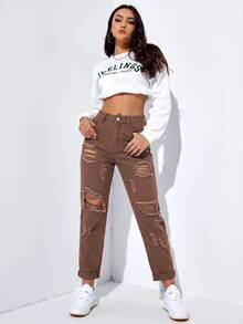 SHEIN EZwear 女款休閒日常牛仔褲，附口袋、鈕扣與磨損設計 - 咖啡棕 - 查看 4