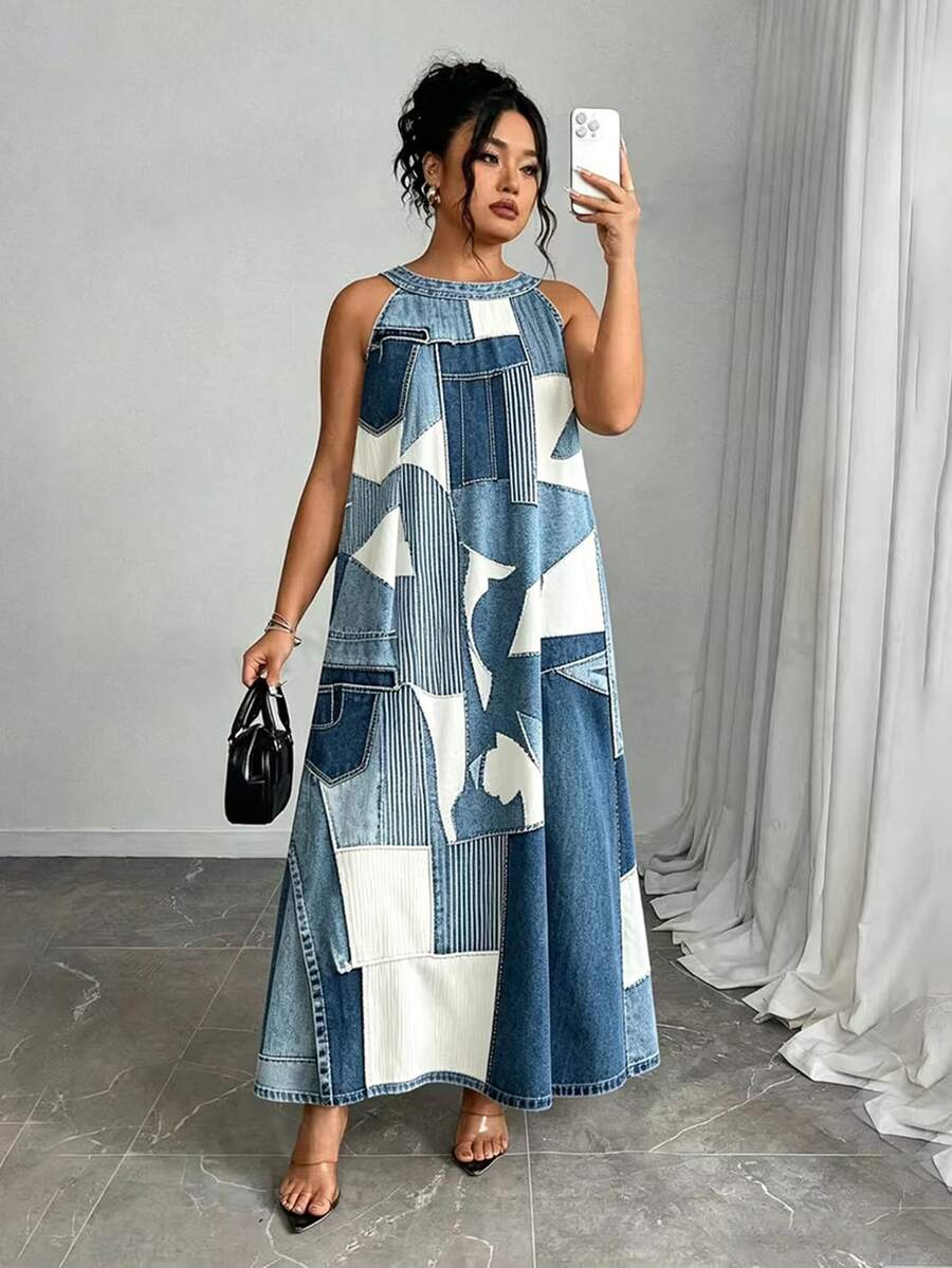 SHEIN Plus Size Women's Colorblock Casual Everyday Summer Travel Dress - Blue - View 1