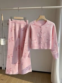 Girls' Autumn/Winter Fashion Casual Heart Pattern Jacquard Knit Sweater Long Sleeve Cardigan And Long Pants Set With Handmade Bow Decor - Dusty Pink - View 8