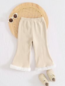 SHEIN Baby Girl Cute Casual Versatile Thermal Lined Elastic Waist Flared Leg Pants - Beige - View 2