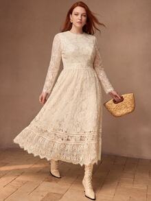 MOTF PREMIUM PLUS SIZE WOMEN'S LACE & PEARL CHAIN DECOR DRESS - Beige - View 1