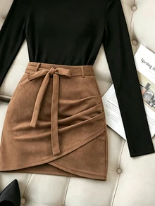 SHEIN 女款純色立領長袖上衣與迷你裙休閒套裝 - 彩色 - 查看 3