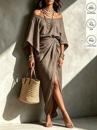 Breezaya Vestido de verano para mujer, Festival de julio, Vestido de atuendo para exteriores, Vacaciones en la playa, Atuendo de vacaciones, Vestido caqui para mujer, Vestido para mujer con hombros descubiertos y mangas 3/4 fruncidas, Vestido casual para mujer, Atuendo de vacaciones, Vestido de vacaciones para mujer, Vestido de fiesta, Atuendo de fiesta casual, Vestido de fiesta casual