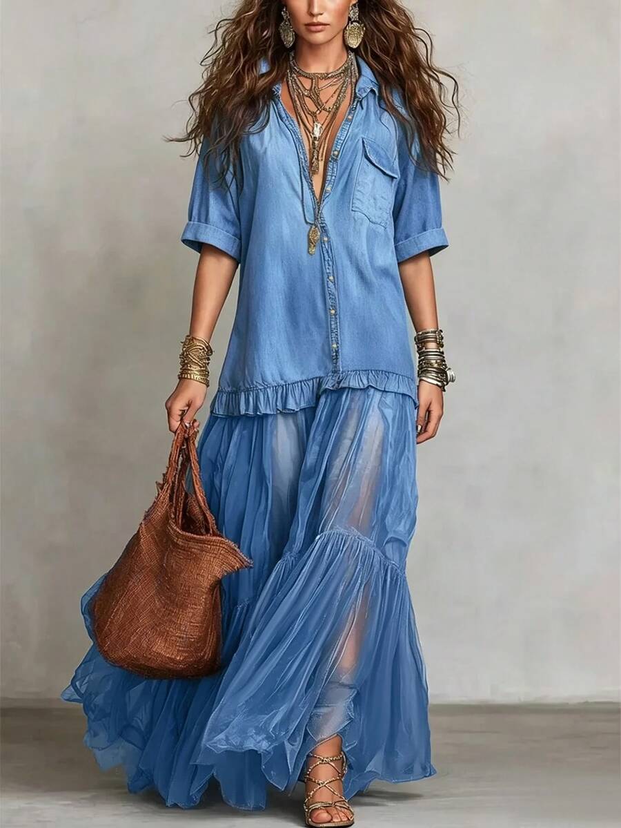 Linhara Plus Size Women Sky Blue Denim Effect Shirt Collar Short Cuffed Sleeve Button Front Contrast Sheer Tulle Tiered Ruffle Dress Bohemian Flowy Beach - Blue - View 1