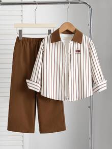 Souflis Children's Spring/Fall/Summer Striped Set Minimalist & Exquisite Fresh & Able Shirt With Black Pony Logo Decoration Suitable For Spring/Summer Daily W - Brown - View 1