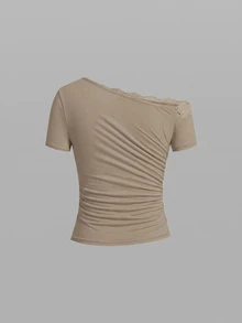 SHEIN Clasi 女款蕾絲拼接單肩修身百搭休閒T恤 - 彩色 - 查看 8
