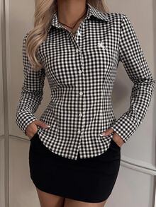 SHEIN EZwear Women's Knight Embroidery Street Plaid Button Shirt - Black and White - View 6