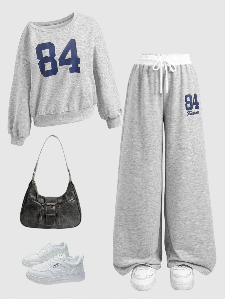 SHEIN Kids Tween Girls Autumn/Winter Casual Street Fashion Off-Shoulder Digital Print Sweatshirt With Patchwork Contrast Waist Drawstring Straight Leg Pants, Suitable For Back To School And Daily Wear - Grey - View 1