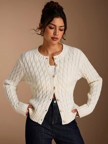 SHEIN BASICS Women's Solid Color Cable Knit Long Sleeve Button Up Casual French Basic Off-White Cardigan Work Office Brunch Outfits Autumn Back To School - White - View 1