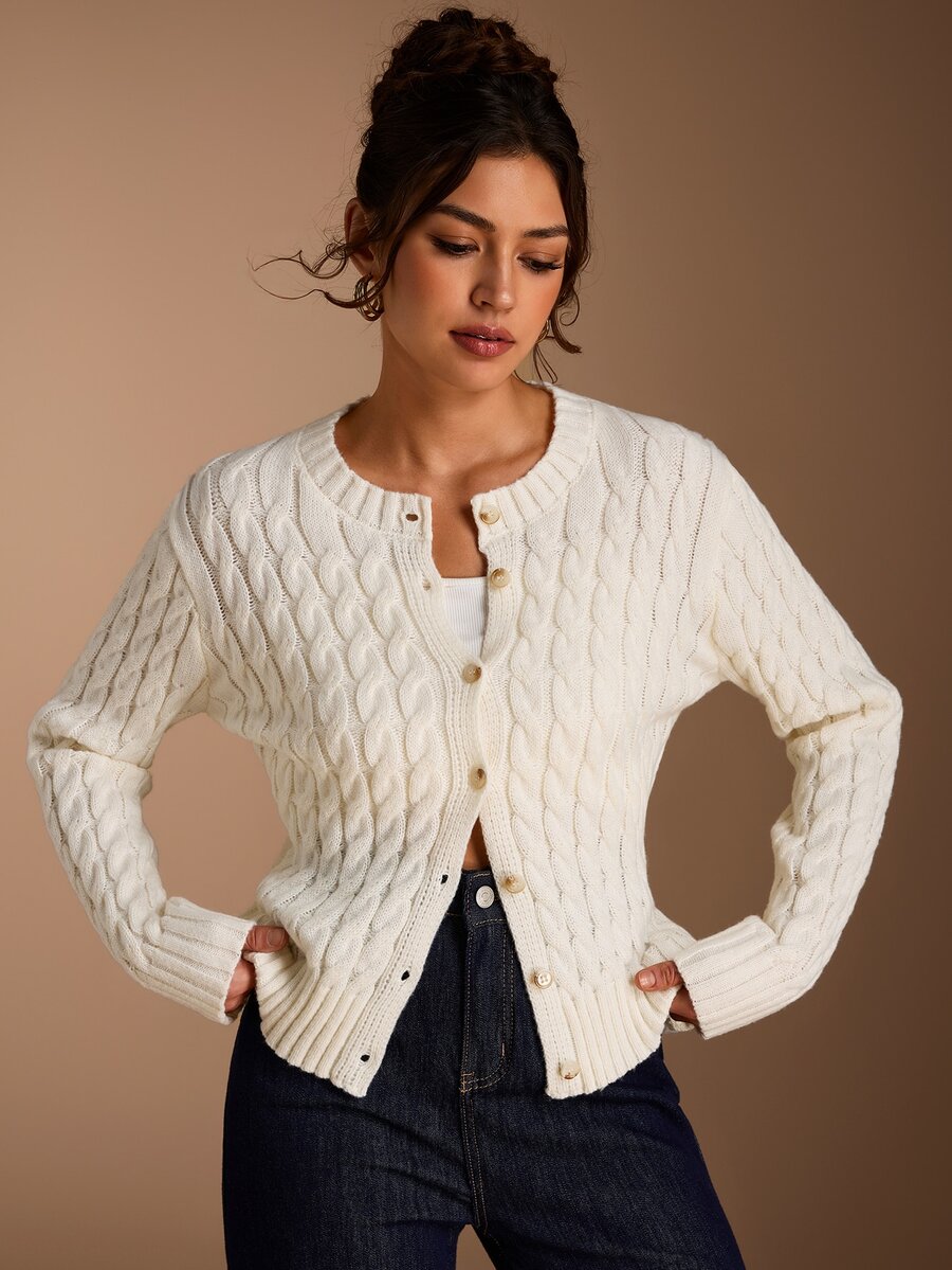 SHEIN BASICS Women's Solid Color Cable Knit Long Sleeve Button Up Casual French Basic Off-White Cardigan Work Office Brunch Outfits Autumn Back To School - White - View 1