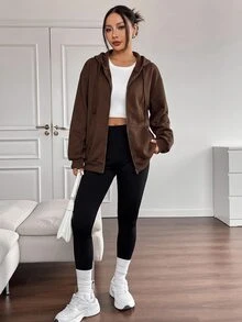 SHEIN EZwear Casual Baggy Sports Brown Open Front Hooded Plus Size Jacket Autumn Going Out Club - Chocolate Brown - View 3