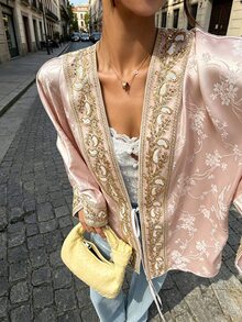 Cévolie 女款純色珍珠裝飾金線蕾絲飾邊優雅早秋襯衫外套 - 粉色 - 查看 1
