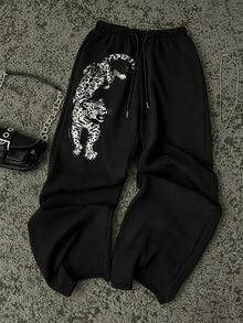 Attitoon Vintage Style Tiger Print Casual Minimalist Plus Size Sweatpants - Black - View 1