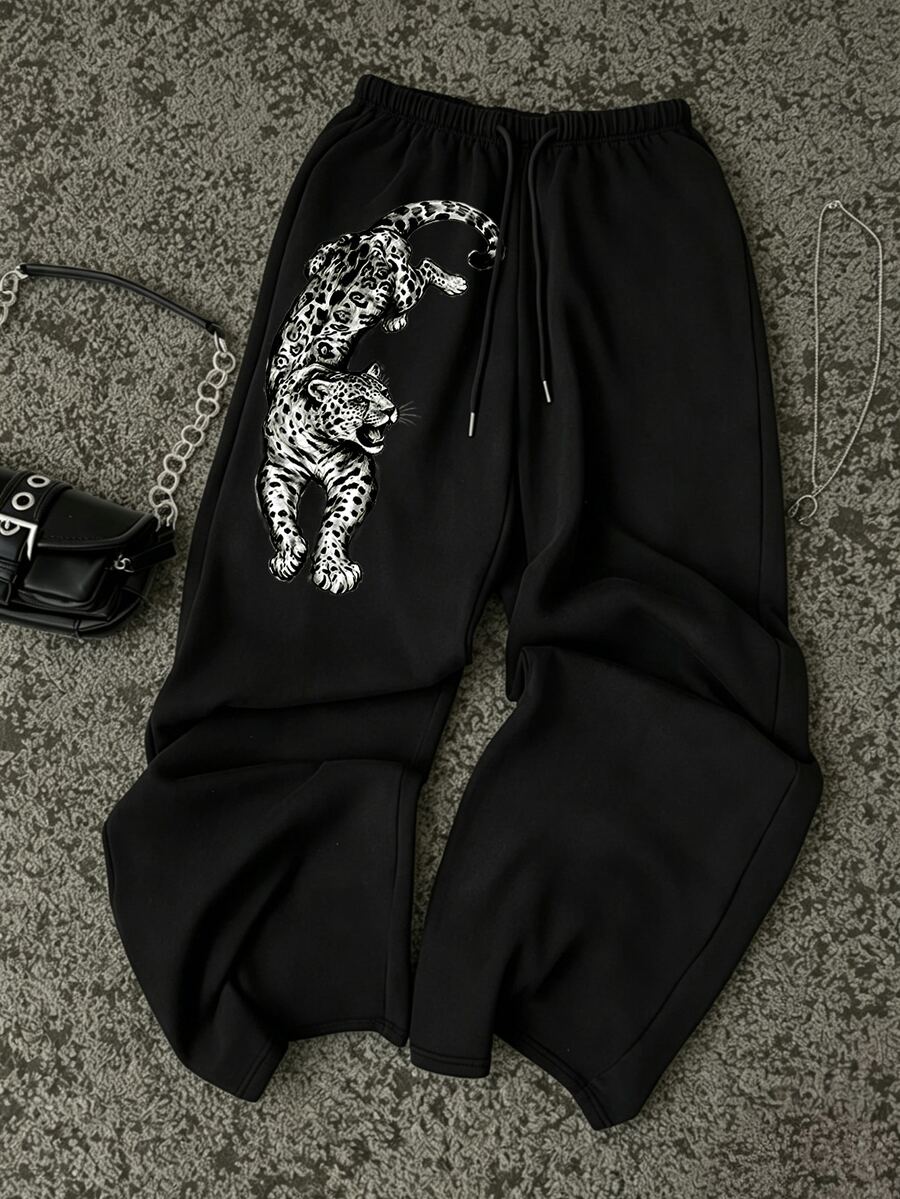 Attitoon Vintage Style Tiger Print Casual Minimalist Plus Size Sweatpants - Black - View 1