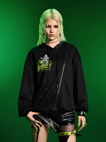 Beetlejuice X SHEIN Women's Fashion Zipper Letter Print Long Sleeve Hooded Sweatshirt - Black - View 3