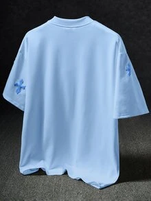 Manfinity EMRG 男士街頭風熱銷 INS 風格十字全印花毛巾刺繡日常穿搭白色 T 恤，男友丈夫週年禮物 - 淺藍色 - 查看 2