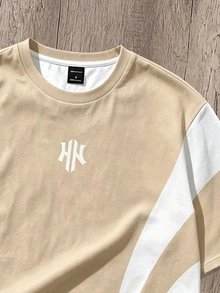 Daypath Minimalist Colorblock Dynamic Striped Crew Neck Short Sleeve T-Shirt, Dynamic Stripes Ignite Fashion Inspiration, Simple Khaki Tone, Unlock Summer Street Style Code, Suitable For Daily Casual, Weekend Outdoor Social - Apricot - View 4