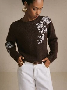 Poéselle Women's Brown Floral Embroidered Fuzzy Knit Sweater Soft Cozy Crewneck Long Sleeve Pullover Fall Christmas Everyday French Elegant Romantic Brunch - Brown - View 8