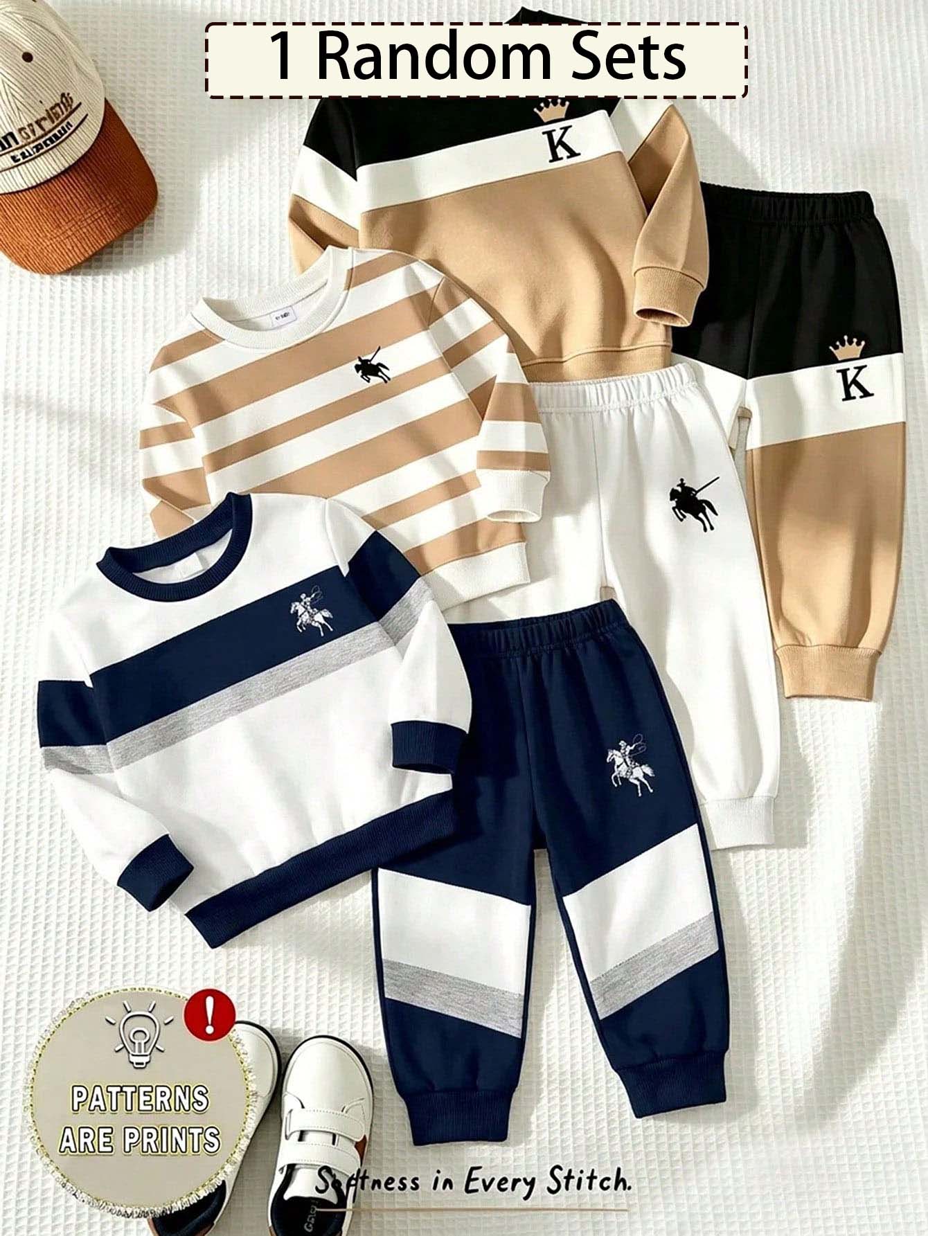 Infant Toddler Round Neck Casual Comfortable Set, Classic Retro Striped Patchwork Pattern Print, Exquisite Little Horse Rider Logo Print, Suitable For Autumn/Winter, Suitable For Back To School Season - Multicolor - View 1