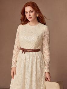 MOTF PREMIUM PLUS SIZE WOMEN'S LACE & PEARL CHAIN DECOR DRESS - Beige - View 7