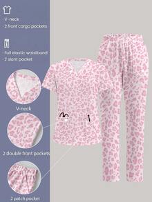 TaskEZ Scrub Uniform Set, Vintage Pink Leopard Print Pattern, Suitable For Pet Hospital, Work Commute - Multicolor - View 1