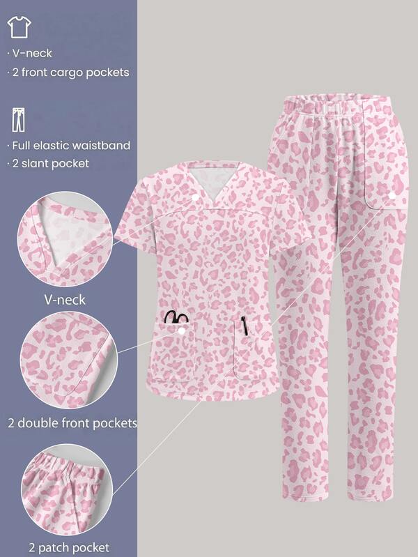 TaskEZ Scrub Uniform Set, Vintage Pink Leopard Print Pattern, Suitable For Pet Hospital, Work Commute