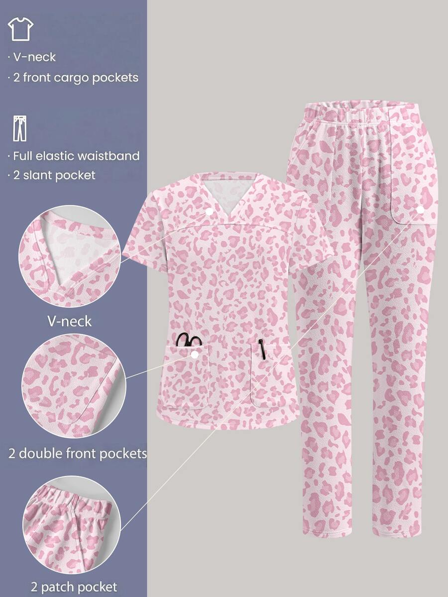 TaskEZ Scrub Uniform Set, Vintage Pink Leopard Print Pattern, Suitable For Pet Hospital, Work Commute - Multicolor - View 1