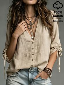 SHEIN Solid Color Distressed Texture V-Neck Button-Front Long Sleeve Shirt For Women, Single-Breasted Front, Shoulder Pleat Detail, Drawstring Cuffs To Shorten To Mid-Sleeve, Slim Fit, Minimalist Commuter Outerwear Blouse - Khaki - View 3