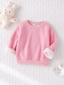 SHEIN 女嬰秋冬可愛保暖內裡純色百搭長袖運動衫 - 粉色 - 查看 7