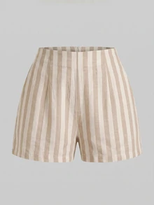 SHEIN Clasi 女款條紋單排扣上衣與短褲休閒日常套裝 - 彩色 - 查看 6