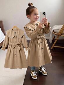 SHEIN Young Girl French Style Loose Double-Breasted Lapel Long Trench Coat, Casual Military Style, Suitable For Commuting And Outdoor Wear, All-Season; Perfect For Creating Y2K Style, Suitable For Daily And Personalized Looks - Khaki - View 5