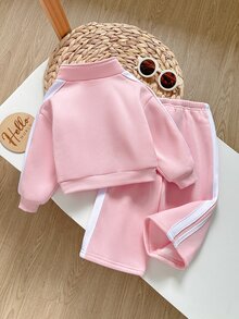 Cozy Pixies 女嬰秋冬抓絨個性化時尚刺繡字母拉鍊連帽外套與長褲兩件套，適合外出、居家及其他場合 - 粉色 - 查看 6