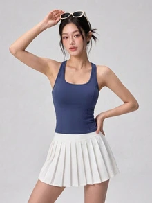 DAZY Solid Color Racerback Fitted Sports Tank Top Fall - Blue - View 6