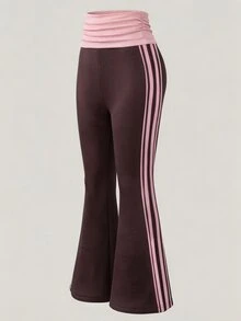 SHEIN 女童時尚粉色與棕色拼色極簡運動修身喇叭褲，秋季服飾，春夏秋季休閒褲，適合學校與健身房 - 彩色 - 查看 8