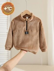SHEIN Boys Casual Versatile Plush Kids Stand Collar Loose Fit Autumn Winter Sweatshirt Mid-Weight - Brown - View 4