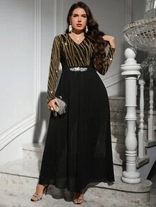 Reflora Mono de moda diario para mujer talla grande con cuello en V y decoración de strass - Negro - Ver 5