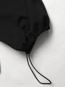 SHEIN 青少年女孩春/秋休閒街頭風針織黑色修身英文字水鑽方領/圓領長袖T恤與寬腿褲（可調式褲腳）2件套，適合秋冬內搭、日常出遊 - 黑色 - 查看 5