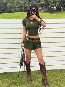 SHEIN EZwear 女款夏季休閒短袖T恤與短褲套裝 - 軍綠色 - 查看 7